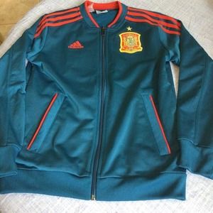 Spain Adidas Boys Jacket Blue Red Stripe Mandarin Collar Full Zip Up Pockets S